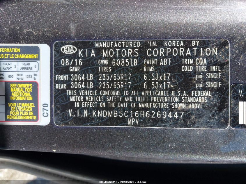 2017 Kia Sedona Lx VIN: KNDMB5C16H6269447 Lot: 43266318