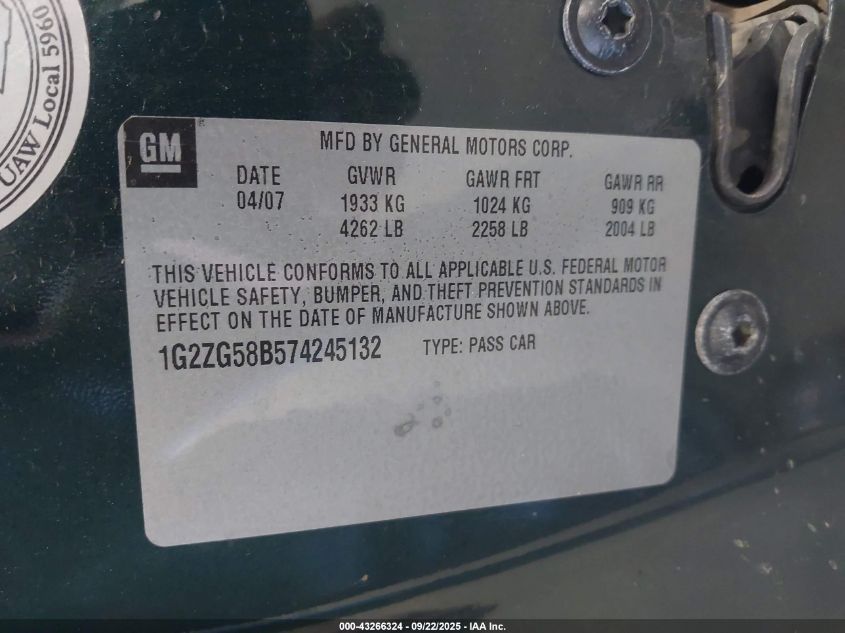 2007 Pontiac G6 VIN: 1G2ZG58B574245132 Lot: 43266324
