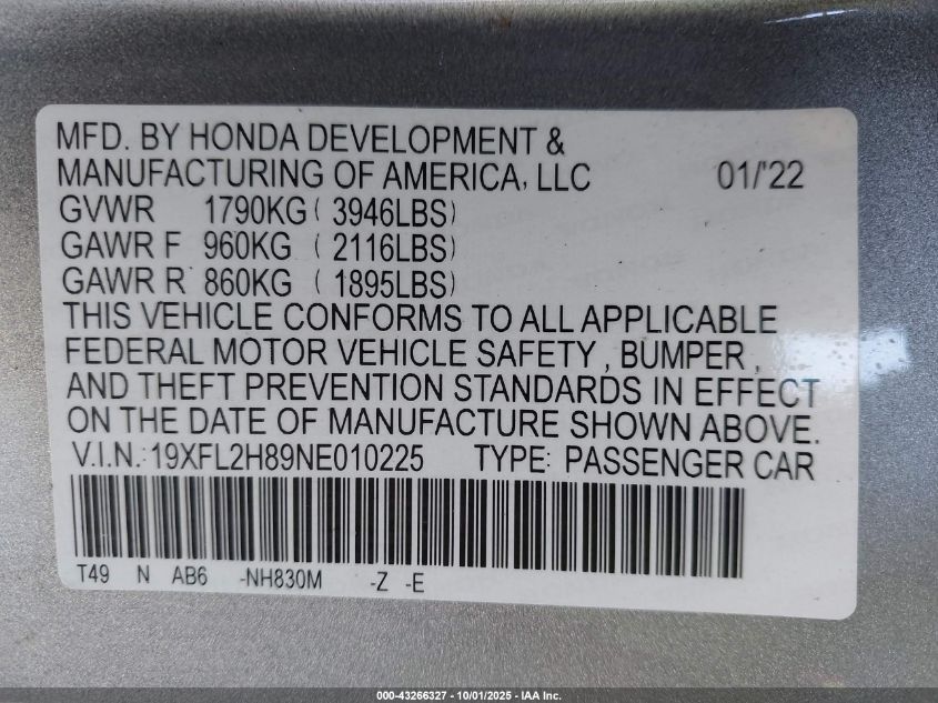 2022 Honda Civic Sport VIN: 19XFL2H89NE010225 Lot: 43266327
