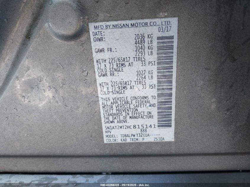 2017 Nissan Rogue S VIN: 5N1AT2MT2HC815141 Lot: 43266335