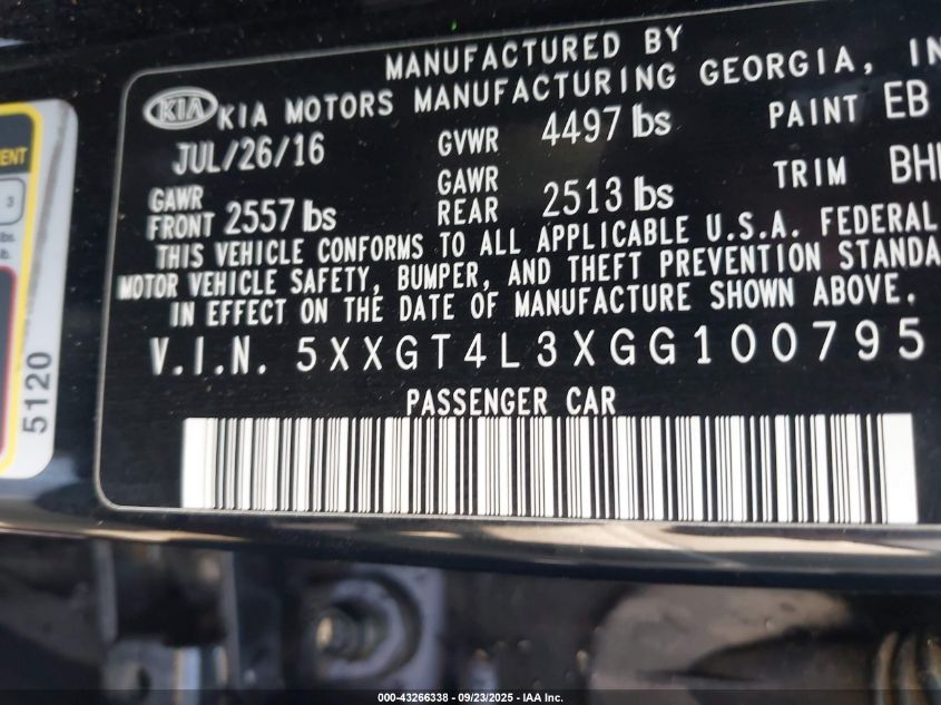2016 Kia Optima Lx VIN: 5XXGT4L3XGG100795 Lot: 43266338