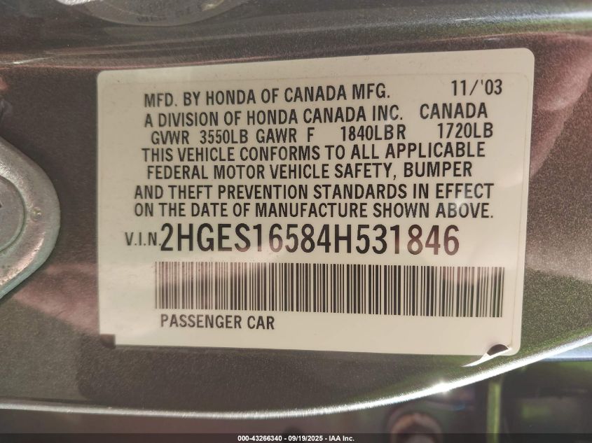 2004 Honda Civic Lx VIN: 2HGES16584H531846 Lot: 43266340