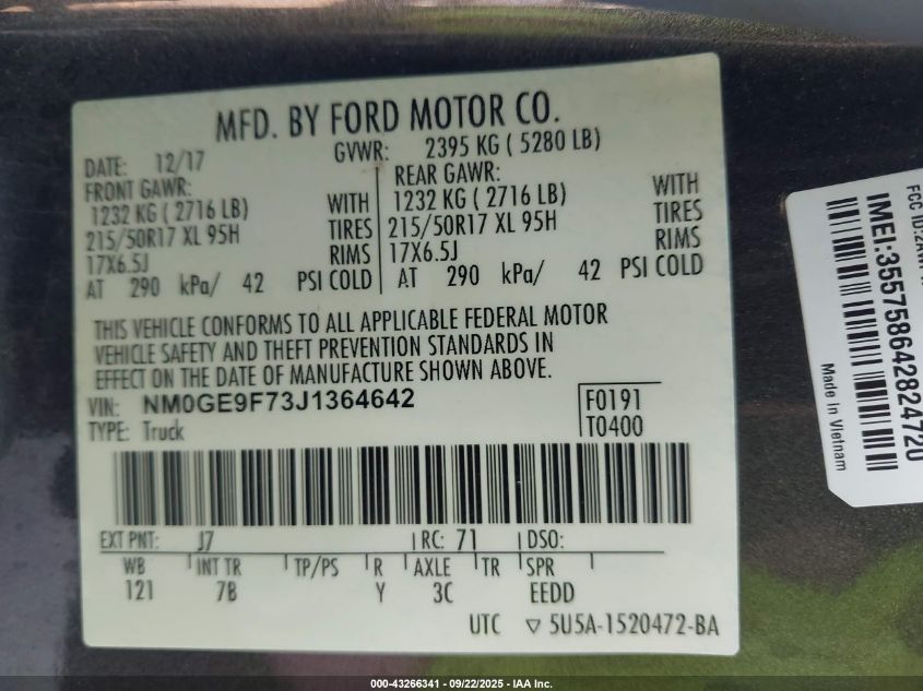 2018 Ford Transit Connect Xlt VIN: NM0GE9F73J1364642 Lot: 43266341