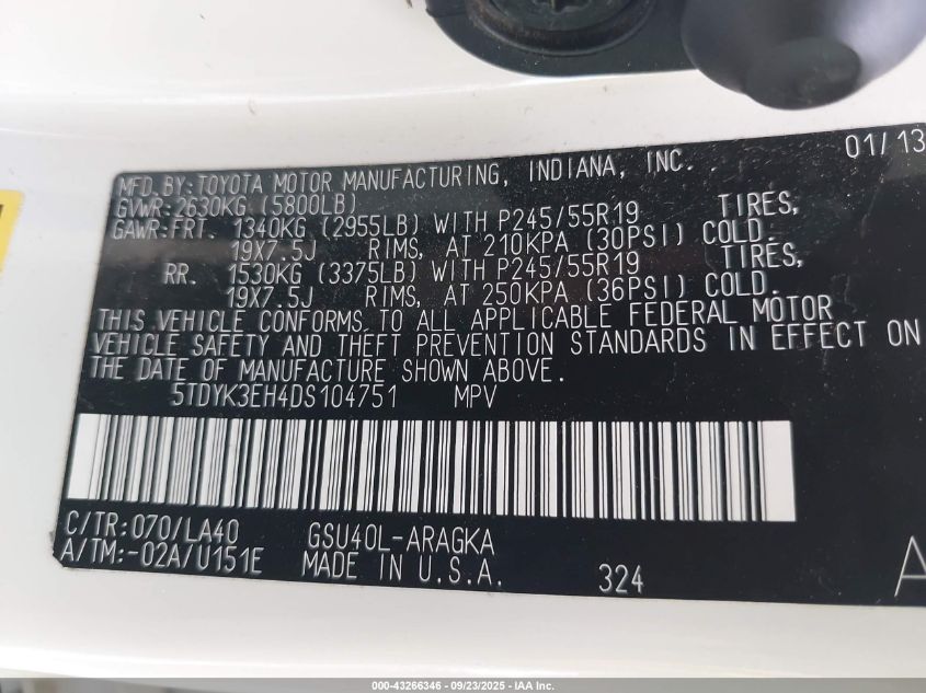 2013 Toyota Highlander Limited V6 VIN: 5TDYK3EH4DS104751 Lot: 43266346