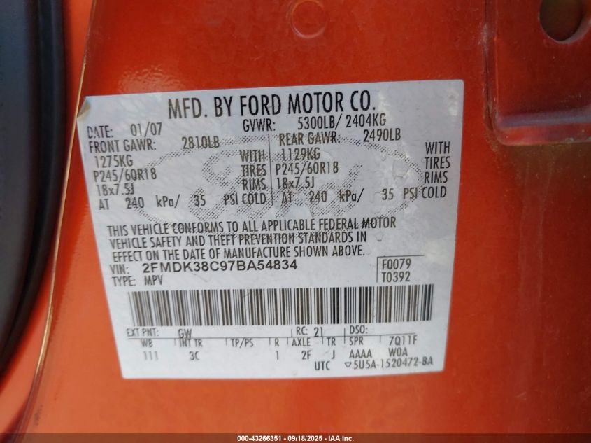 2007 Ford Edge Sel VIN: 2FMDK38C97BA54834 Lot: 43266351