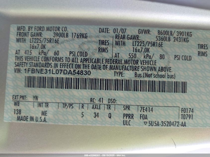 2007 Ford E-350 Super Duty Xl/Xlt VIN: 1FBNE31L07DA54830 Lot: 43266381