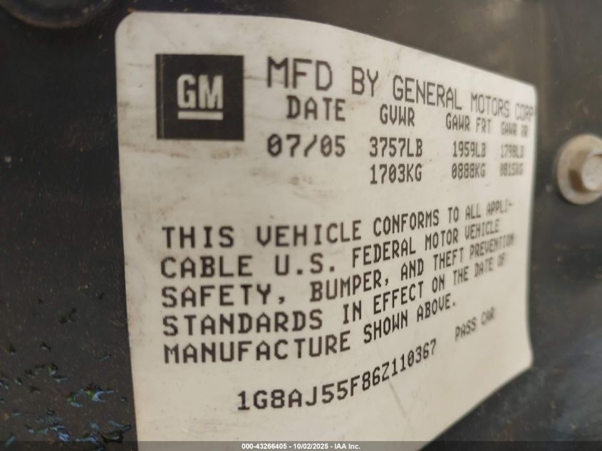 2006 Saturn Ion 2 VIN: 1G8AJ55F86Z110367 Lot: 43266405