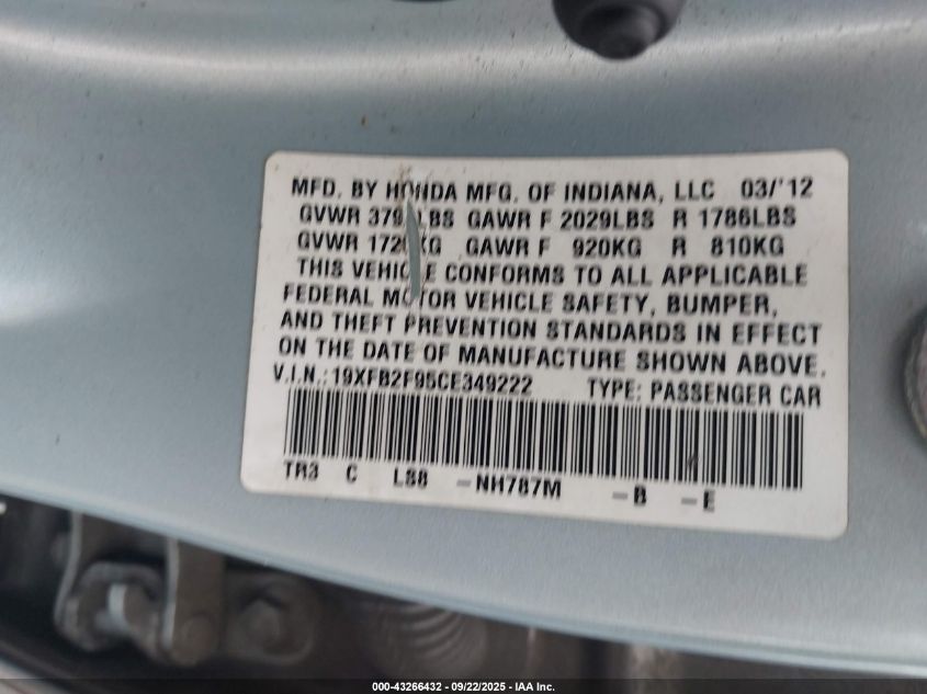 2012 Honda Civic Ex-L VIN: 19XFB2F95CE349222 Lot: 43266432
