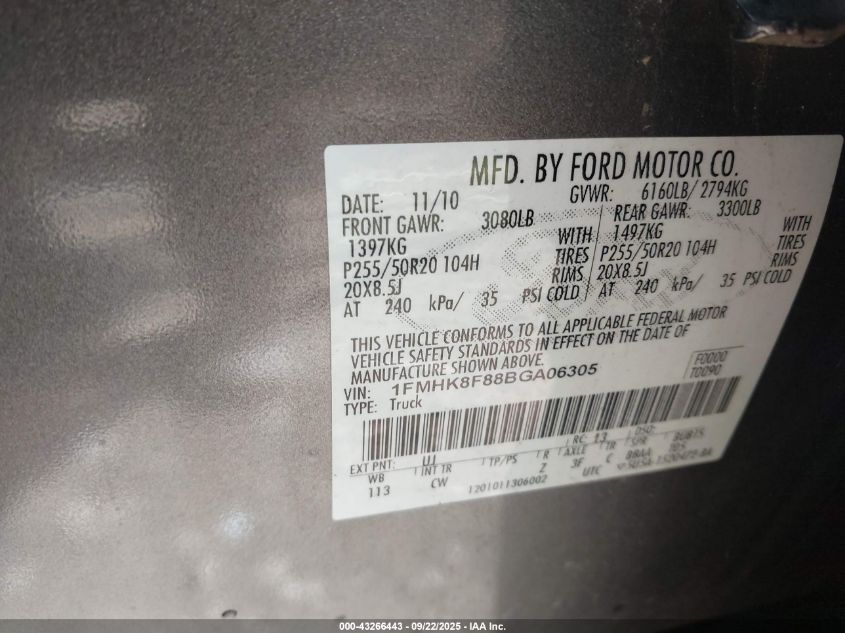 2011 Ford Explorer Limited VIN: 1FMHK8F88BGA06305 Lot: 43266443