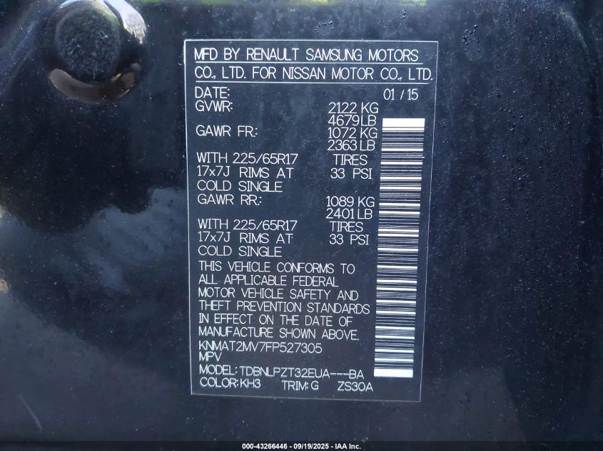 2015 Nissan Rogue S VIN: KNMAT2MV7FP527305 Lot: 43266446