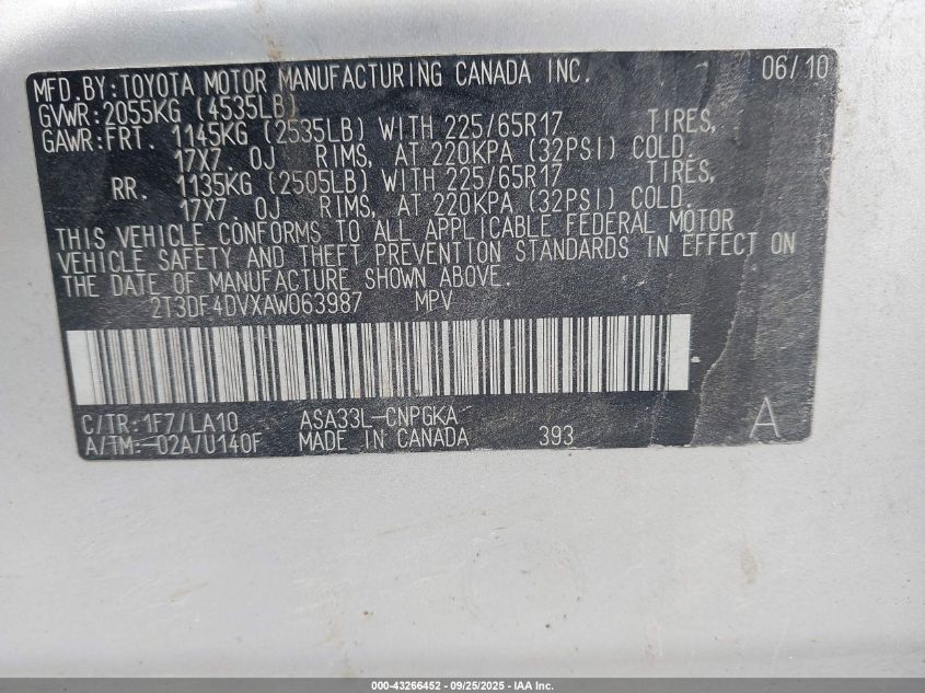 2010 Toyota Rav4 Limited VIN: 2T3DF4DVXAW063987 Lot: 43266452