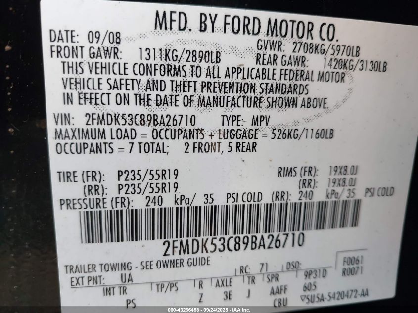 2009 Ford Flex Limited VIN: 2FMDK53C89BA26710 Lot: 43266458