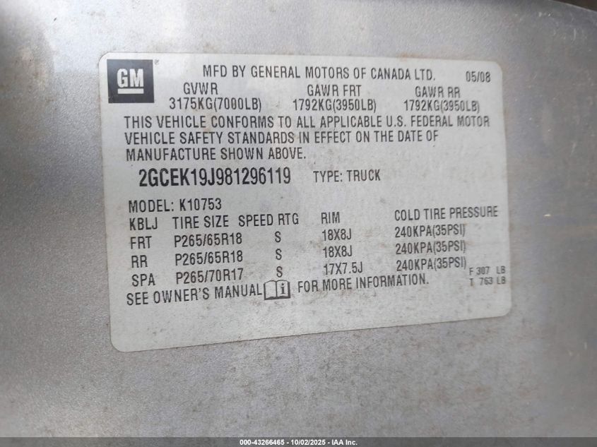2008 Chevrolet Silverado 1500 Ltz VIN: 2GCEK19J981296119 Lot: 43266465