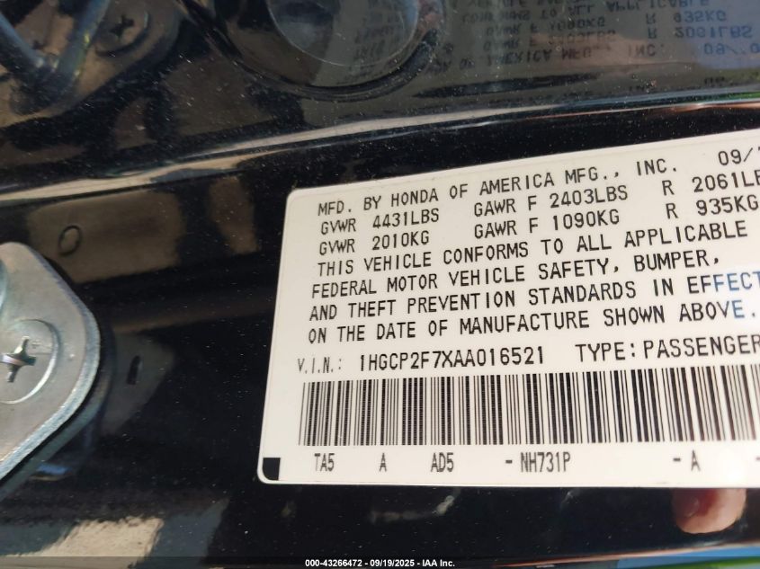 2010 Honda Accord 2.4 Ex VIN: 1HGCP2F7XAA016521 Lot: 43266472
