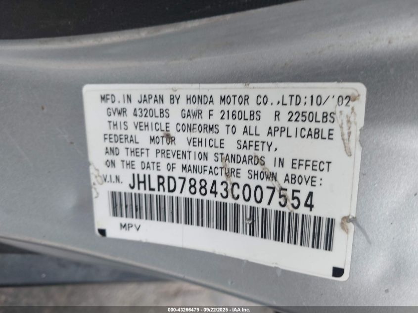 2003 Honda Cr-V Ex VIN: JHLRD78843C007554 Lot: 43266479