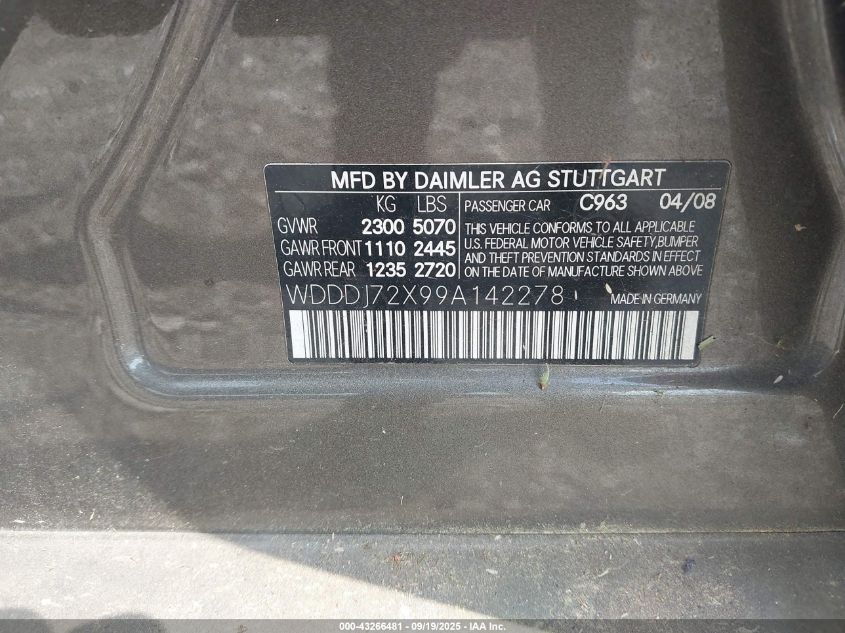 2009 Mercedes-Benz Cls 550 VIN: WDDDJ72X99A142278 Lot: 43266481