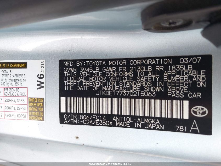 2007 Scion Tc VIN: JTKDE177370215063 Lot: 43266489