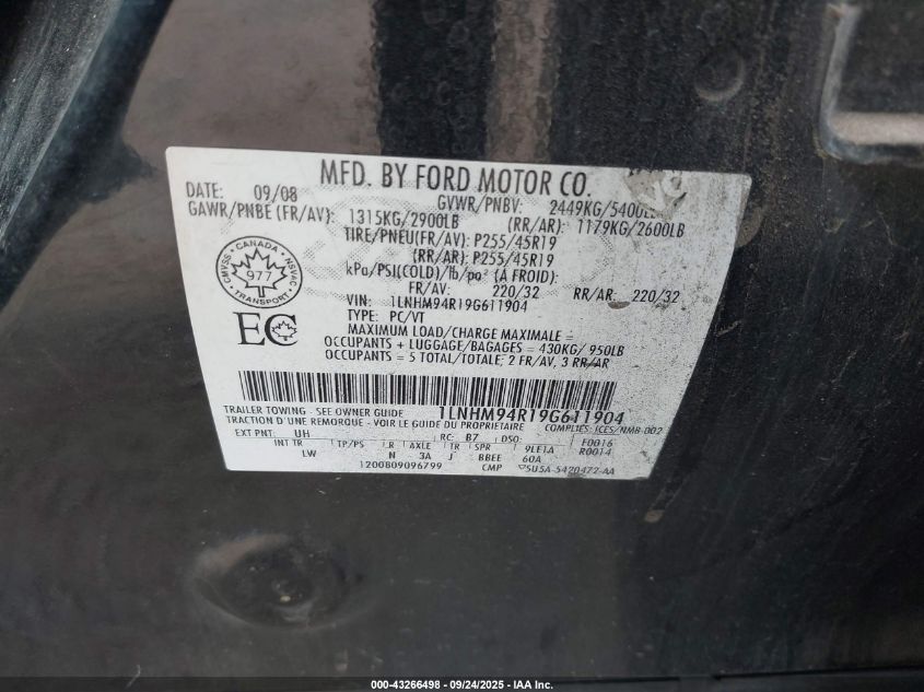 2009 Lincoln Mks VIN: 1LNHM94R19G611904 Lot: 43266498