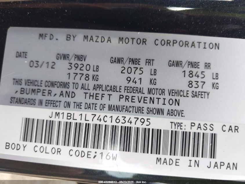 2012 Mazda Mazda3 I Touring VIN: JM1BL1L74C1634795 Lot: 43266513