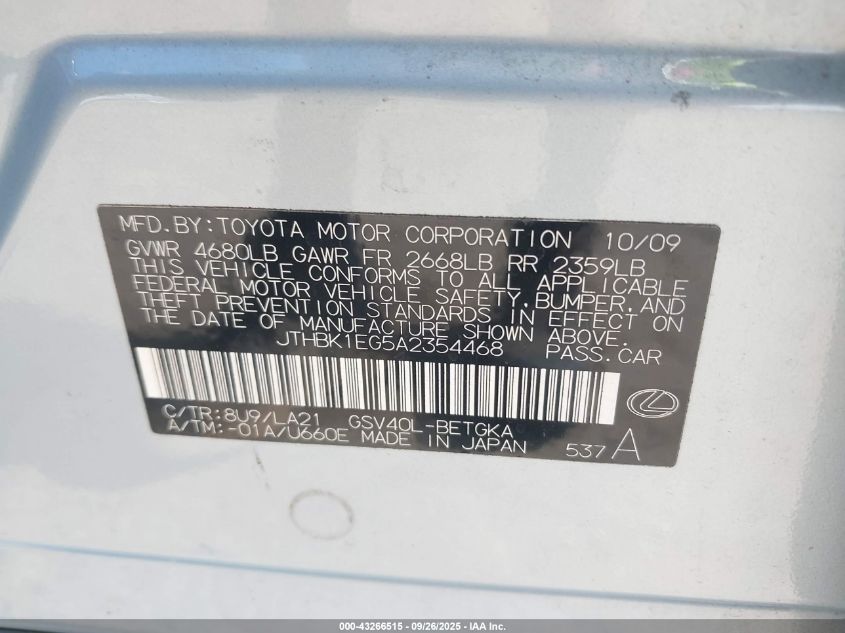 2010 Lexus Es 350 VIN: JTHBK1EG5A2354468 Lot: 43266515