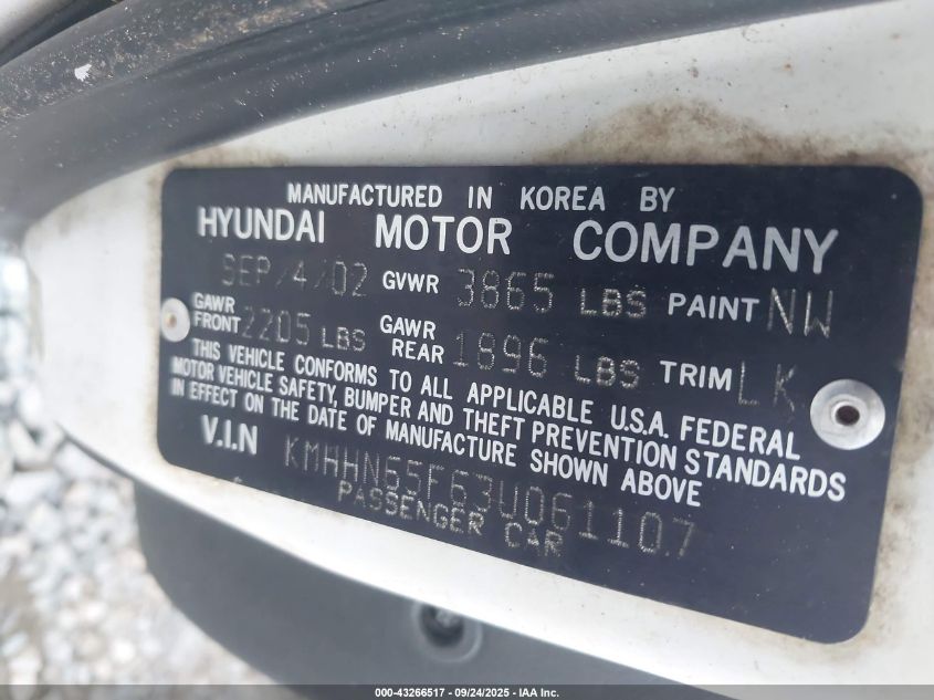 2003 Hyundai Tiburon Gt V6 VIN: KMHHN65F63U061107 Lot: 43266517