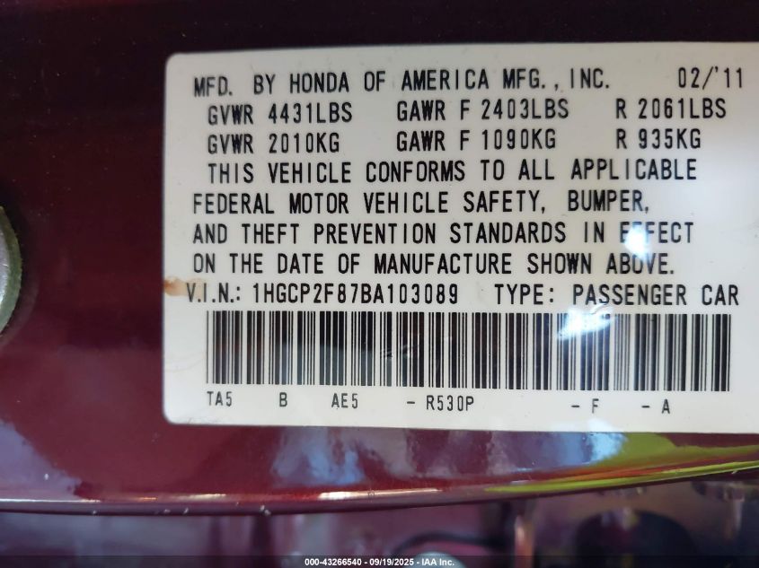 2011 Honda Accord 2.4 Ex-L VIN: 1HGCP2F87BA103089 Lot: 43266540