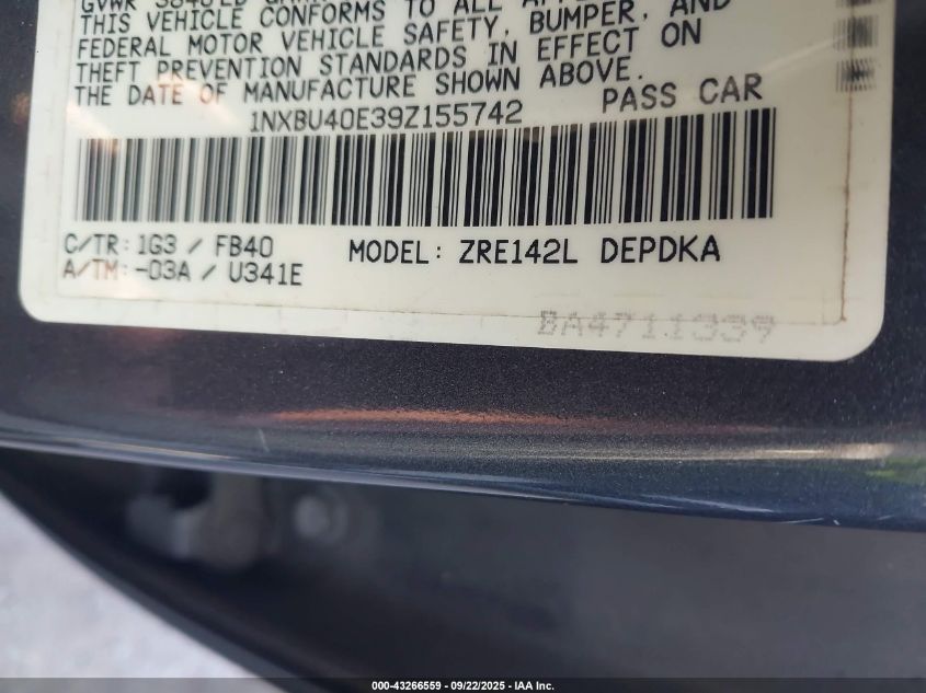 2009 Toyota Corolla VIN: 1NXBU40E39Z155742 Lot: 43266559