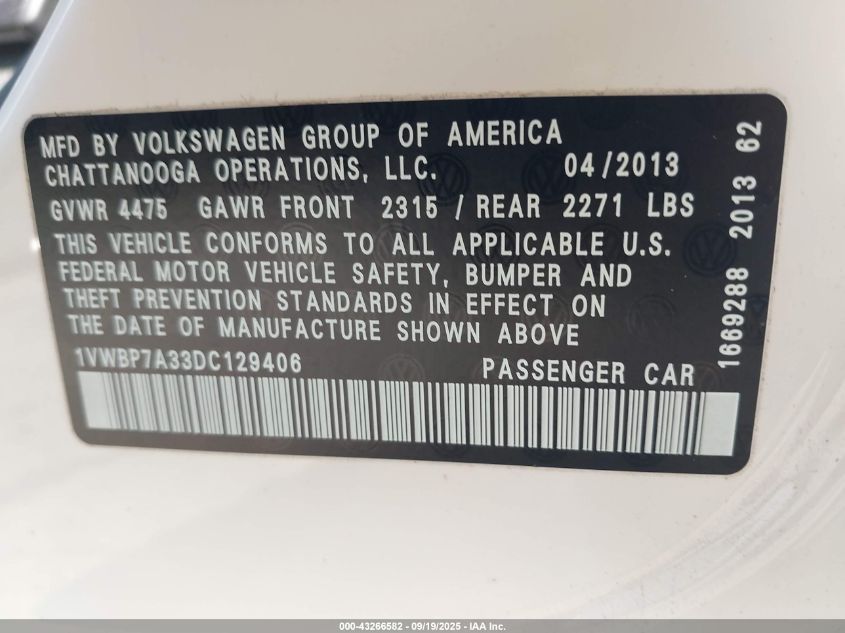 2013 Volkswagen Passat 2.5L Se VIN: 1VWBP7A33DC129406 Lot: 43266582