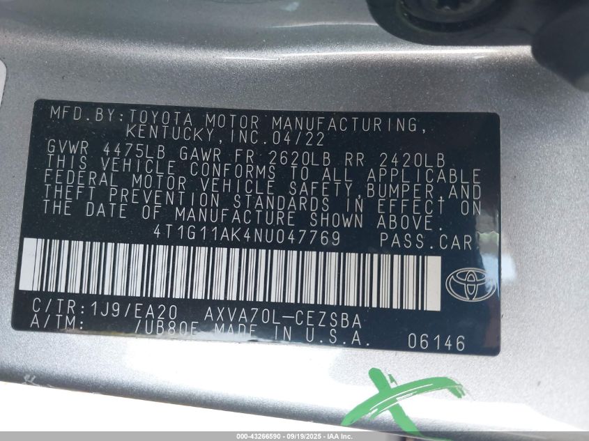 2022 Toyota Camry Se VIN: 4T1G11AK4NU047769 Lot: 43266590