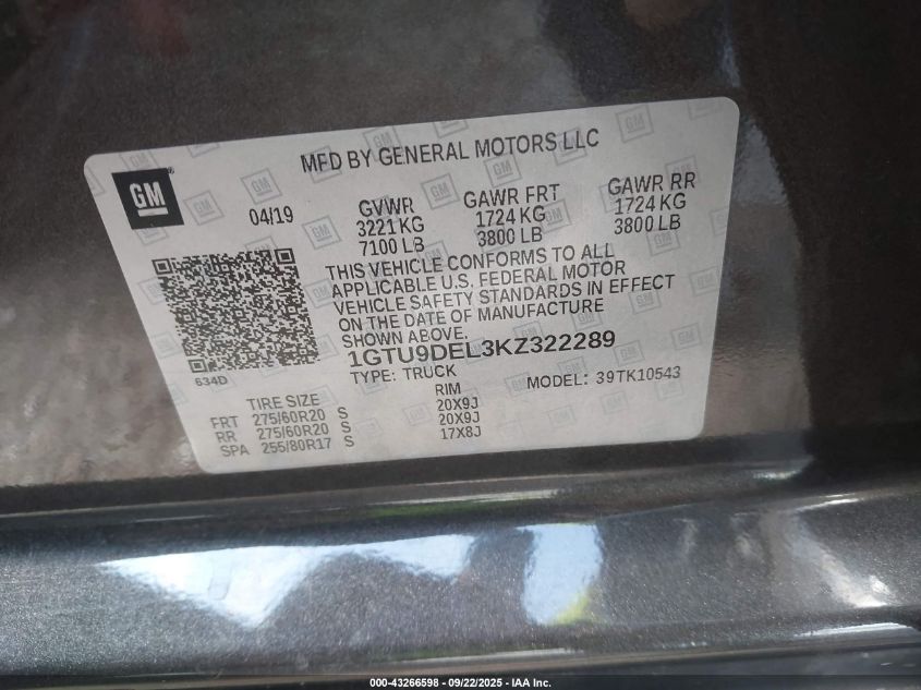 2019 GMC Sierra 1500 Slt VIN: 1GTU9DEL3KZ322289 Lot: 43266598