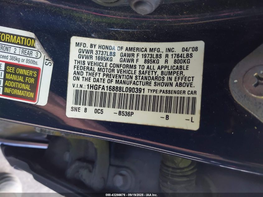2008 Honda Civic Ex VIN: 1HGFA16888L090391 Lot: 43266676