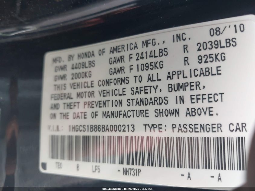 2011 Honda Accord 2.4 Ex-L VIN: 1HGCS1B86BA000213 Lot: 43266680