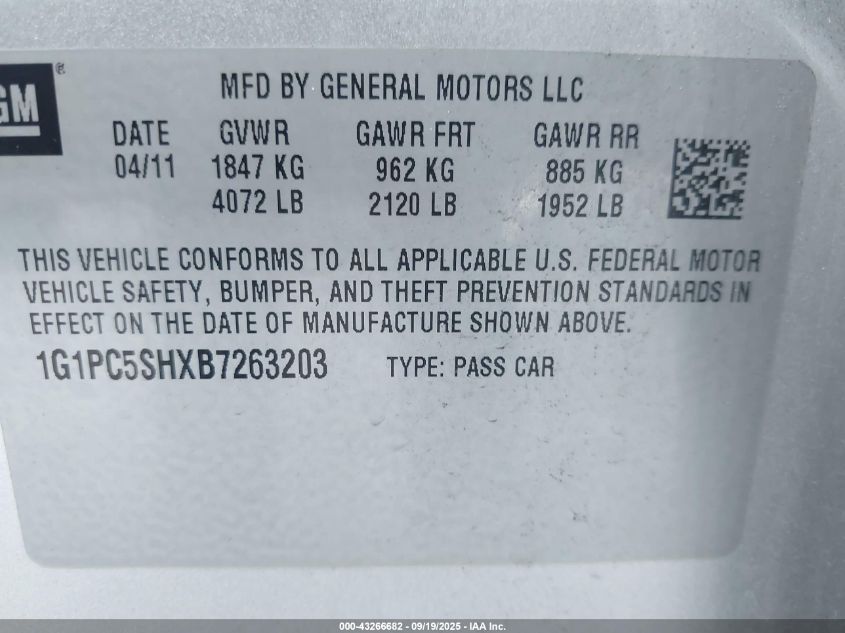 2011 Chevrolet Cruze Ls VIN: 1G1PC5SHXB7263203 Lot: 43266682