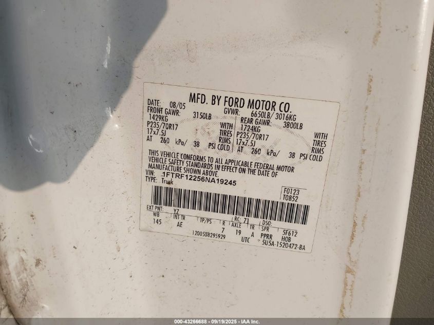 2006 Ford F-150 Stx/Xl/Xlt VIN: 1FTRF12256NA19245 Lot: 43266688