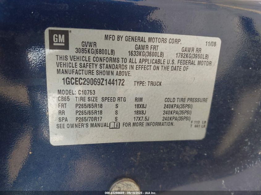2009 Chevrolet Silverado 1500 Lt VIN: 1GCEC29069Z144172 Lot: 43266689