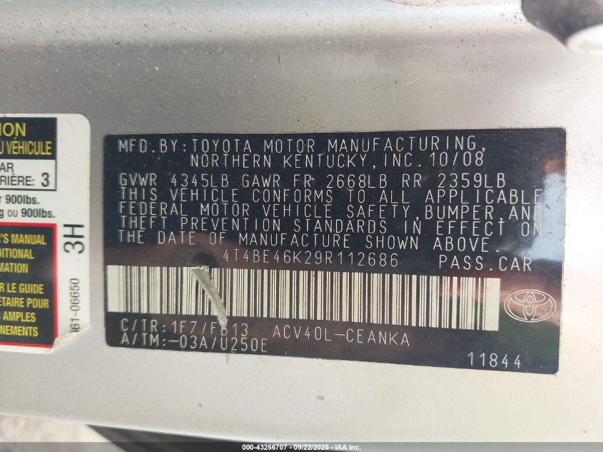 2009 Toyota Camry Le VIN: 4T4BE46K29R112686 Lot: 43266707