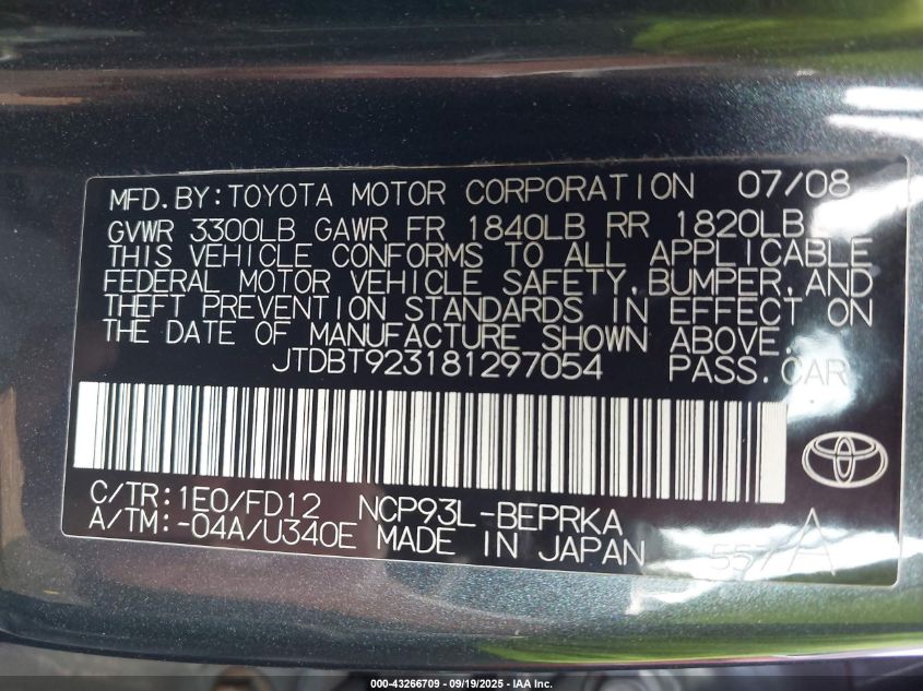 2008 Toyota Yaris VIN: JTDBT923181297054 Lot: 43266709