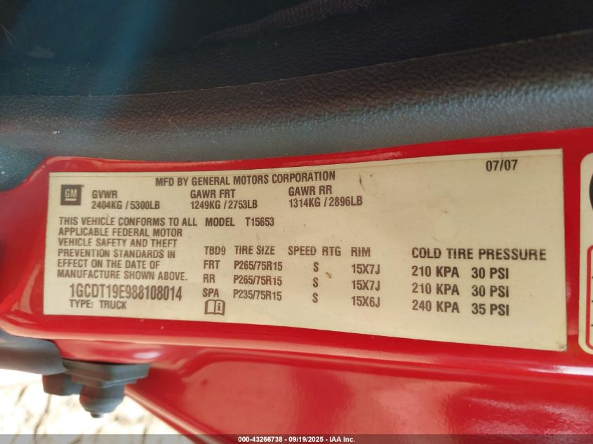 2008 Chevrolet Colorado Lt VIN: 1GCDT19E988108014 Lot: 43266738