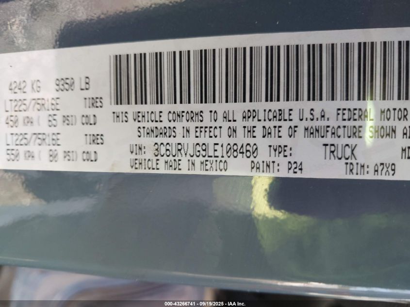 2020 Ram Promaster 3500 Cargo Van High Roof 159 Wb Ext VIN: 3C6URVJG9LE108460 Lot: 43266741