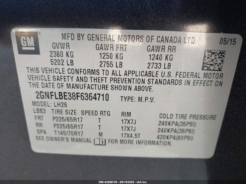 2015 Chevrolet Equinox 1Lt VIN: 2GNFLBE38F6364710 Lot: 43266749