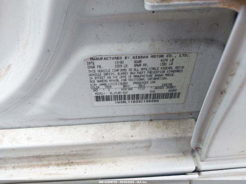 2003 Nissan Altima 3.5 Se VIN: 1N4BL11D33C196595 Lot: 43266750
