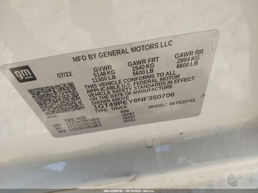 2022 GMC Sierra 2500Hd 4Wd Standard Bed At4 VIN: 1GT49PEY8NF350706 Lot: 43266763