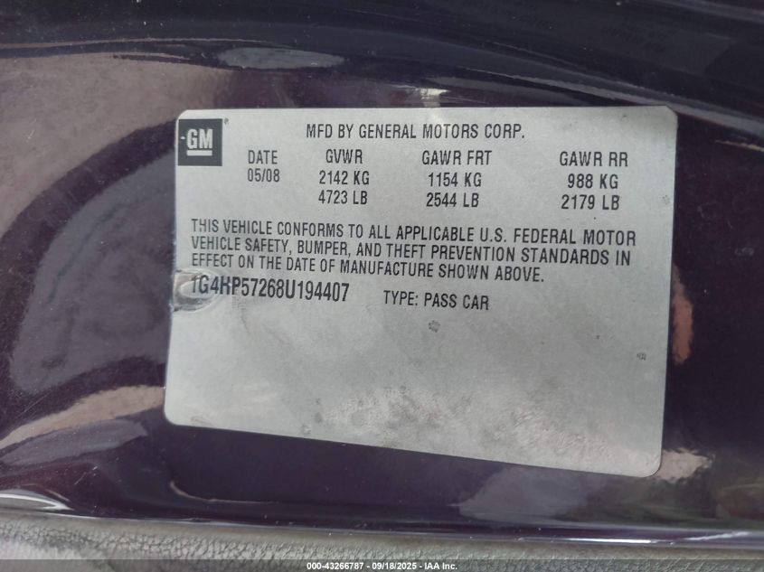 2008 Buick Lucerne Cx VIN: 1G4HP57268U194407 Lot: 43266787