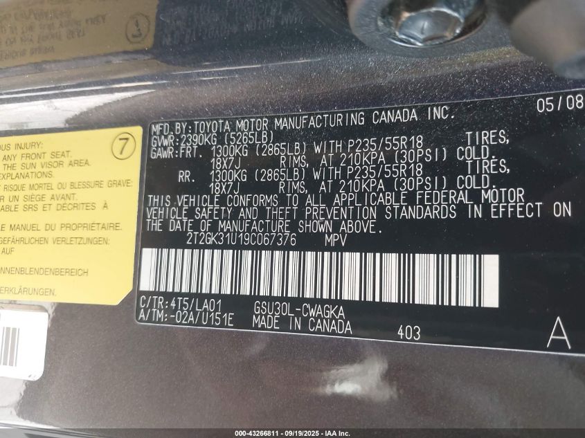 2009 Lexus Rx 350 VIN: 2T2GK31U19C067376 Lot: 43266811