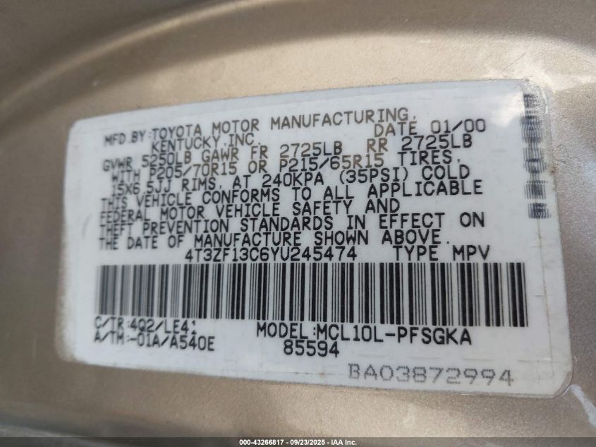 2000 Toyota Sienna Xle VIN: 4T3ZF13C6YU245474 Lot: 43266817