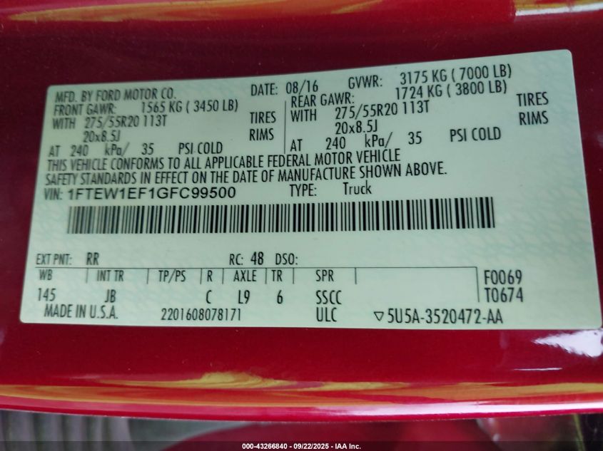2016 Ford F-150 Xlt VIN: 1FTEW1EF1GFC99500 Lot: 43266840