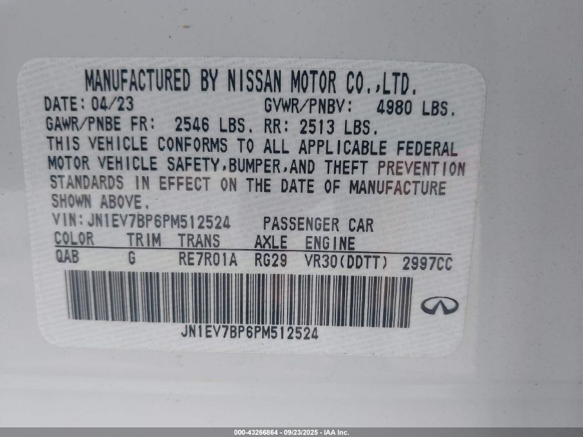 2023 Infiniti Q50 Luxe VIN: JN1EV7BP6PM512524 Lot: 43266864