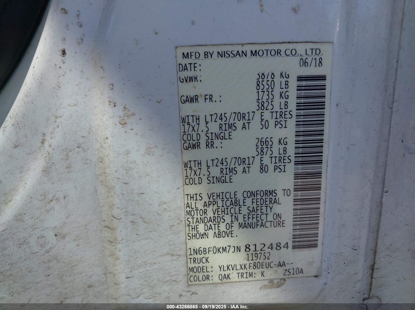 2018 NISSAN NV CARGO NV1500 SV V6 - 1N6BF0KM7JN812484