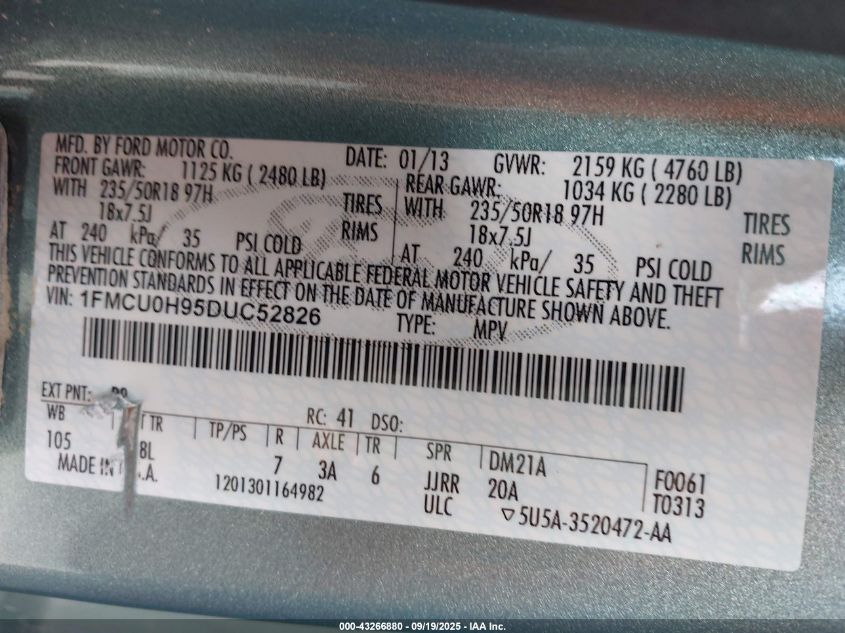 2013 Ford Escape Sel VIN: 1FMCU0H95DUC52826 Lot: 43266880