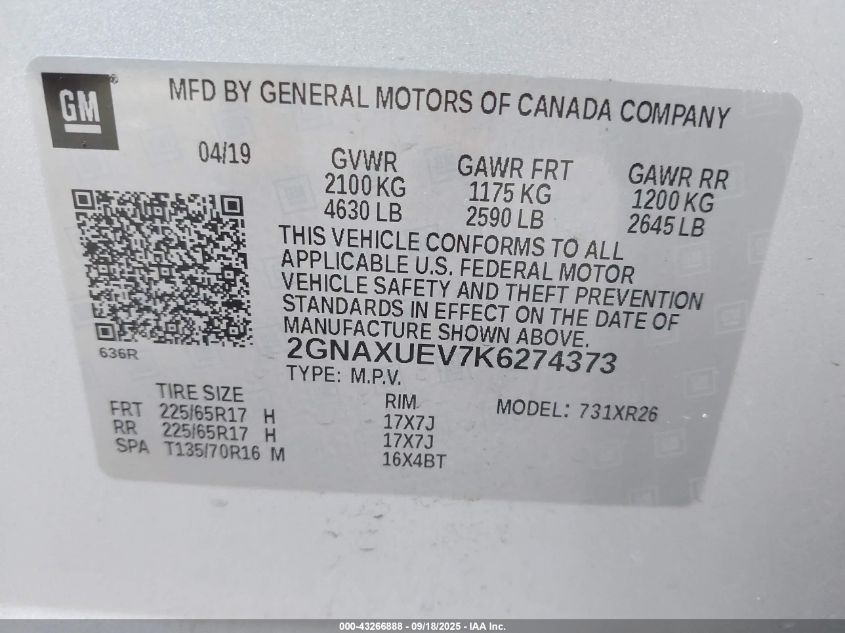 2019 Chevrolet Equinox Lt VIN: 2GNAXUEV7K6274373 Lot: 43266888